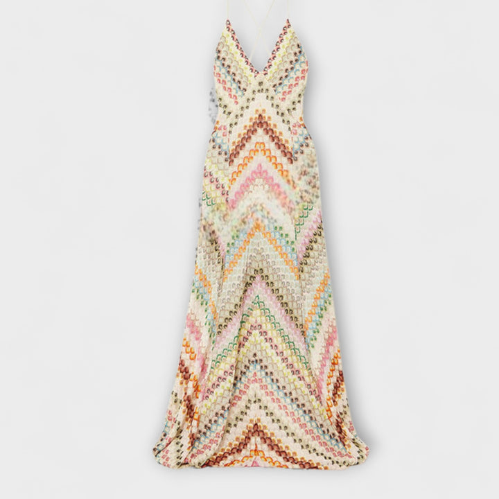 V-neck women's vibrant herringbone maxi dress, ankle-length, relaxed fit, elegant party or evening wear.