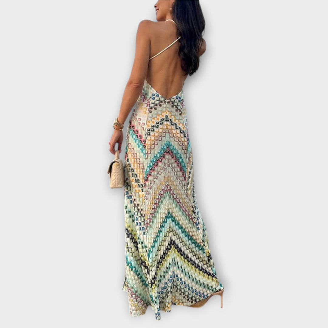 Fashionable women's v-neck herringbone maxi dress, ankle-length, relaxed fit for comfort & style.