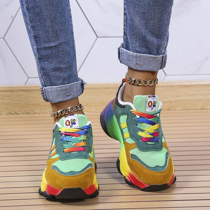 Women's vibrant multicolor lace-up sneakers, lightweight & breathable, perfect for casual fashion & daily comfort.