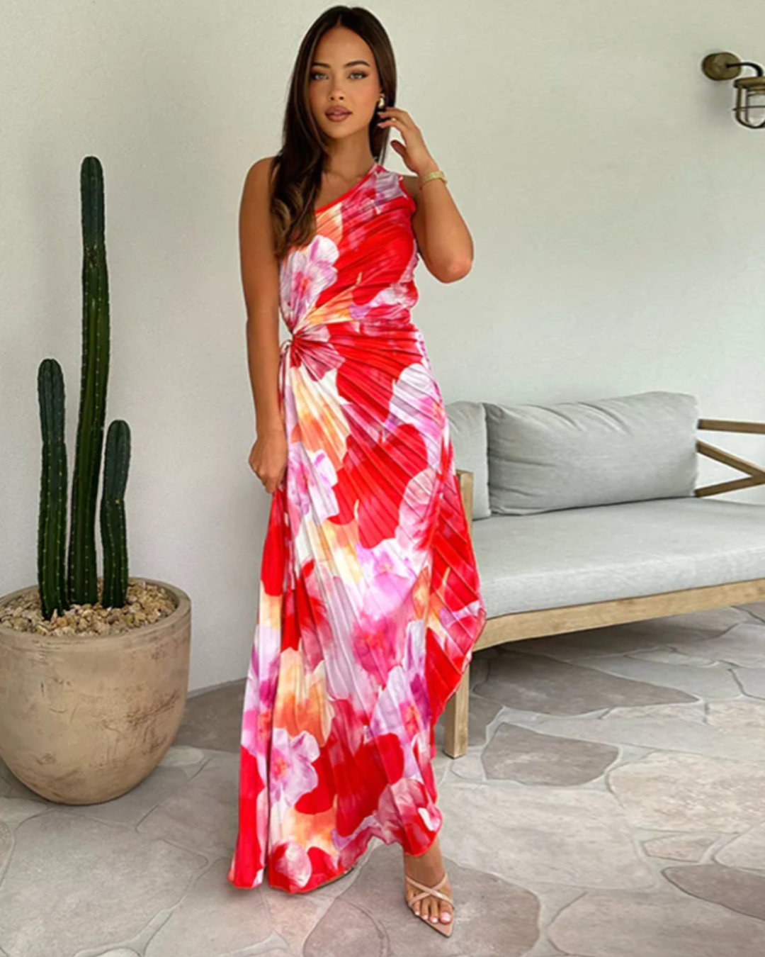 Women's vibrant printed one-shoulder asymmetric gown, perfect for wedding guests & summer events.