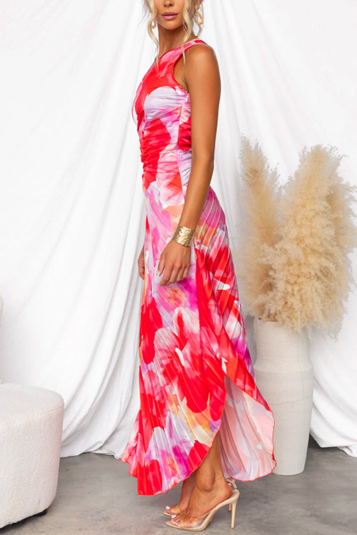 One-shoulder vibrant printed wedding guest dress, a stunning asymmetric gown for any special summer event.