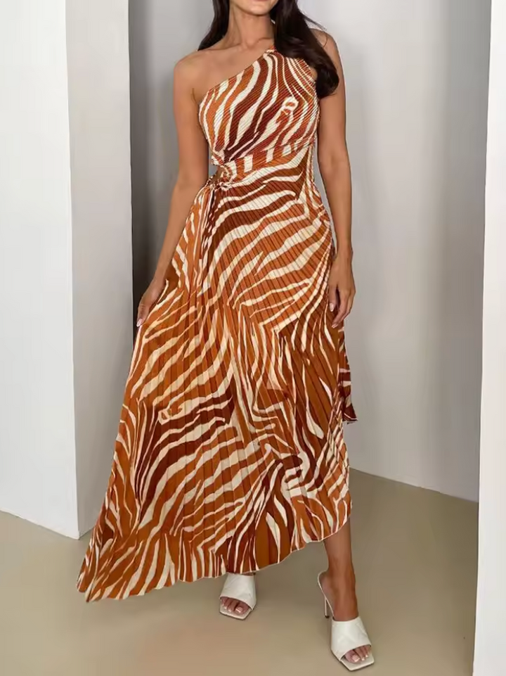 Women's vibrant one-shoulder gown, an elegant asymmetric pleated dress ideal for wedding guests & parties.