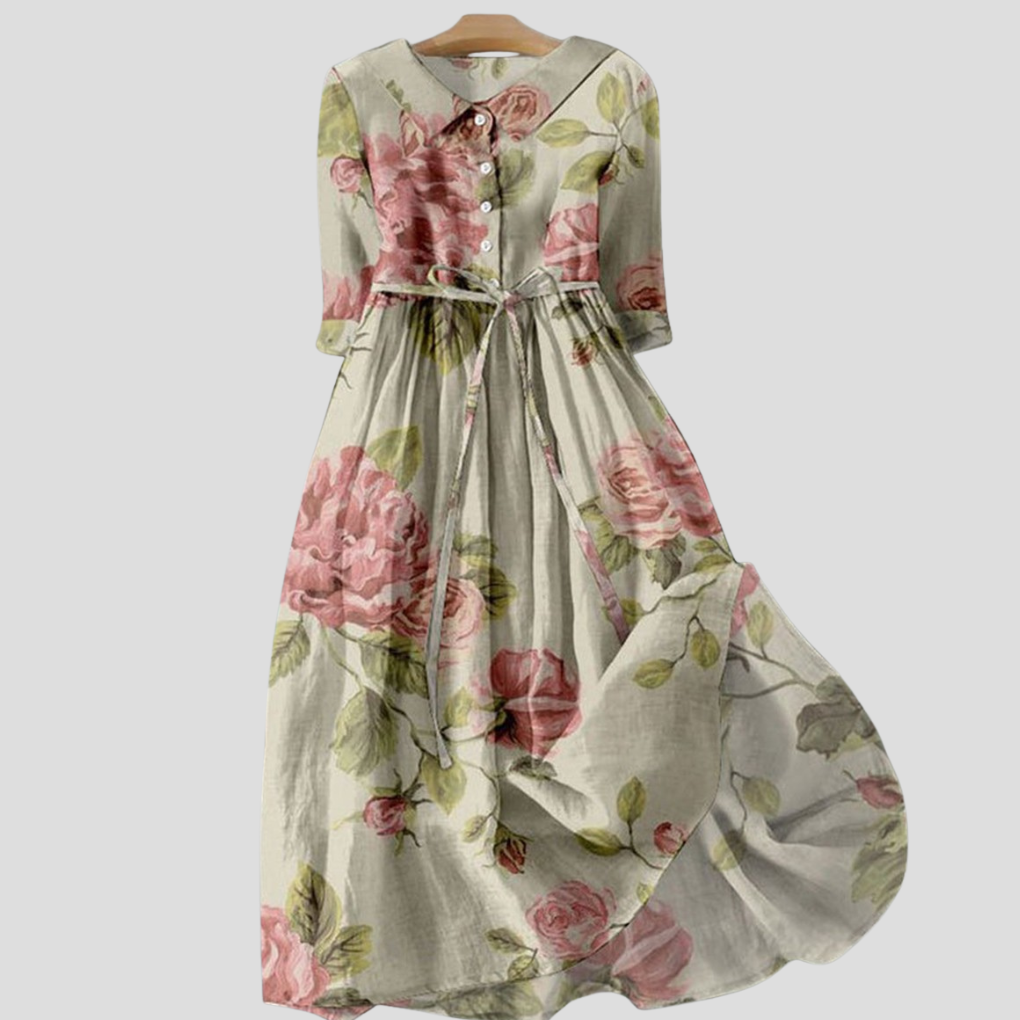 Women's vintage botanical print lapel midi dress with long sleeves. Elegant floral casual fashion for versatile wear.
