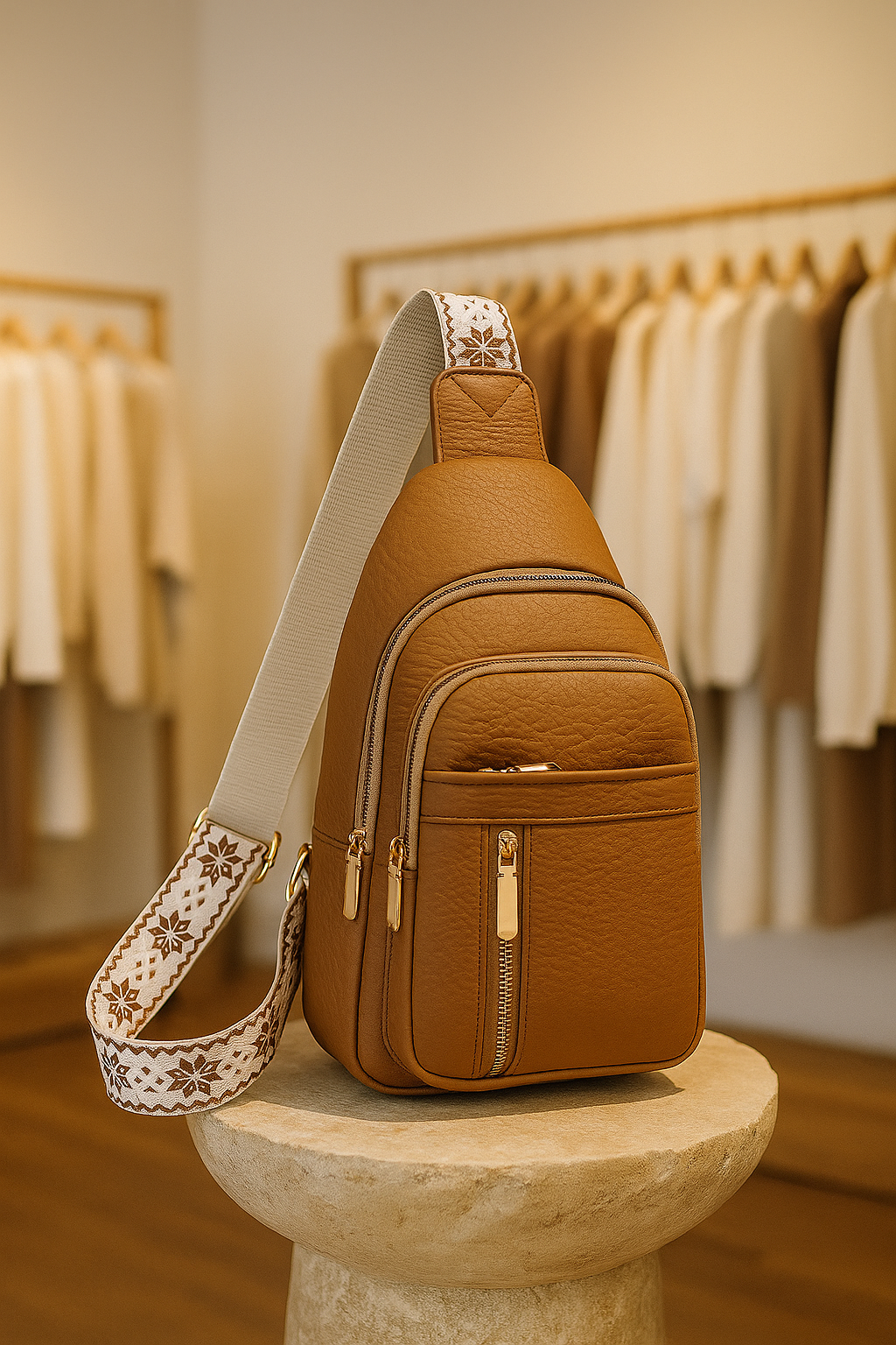 Women's vintage brown leather chest crossbody bag, front view with ample storage.
