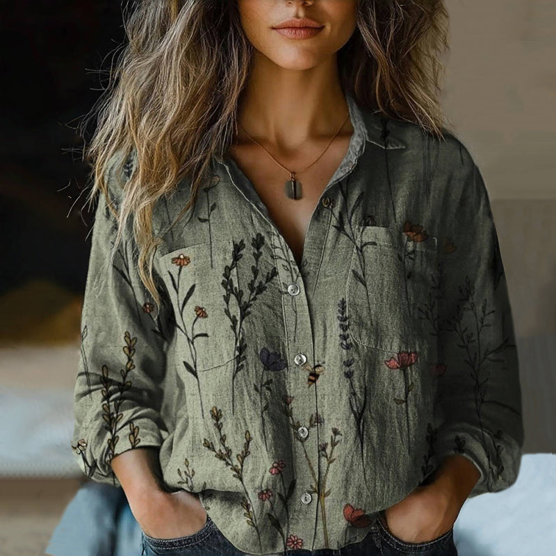 Women's vintage floral print button-down shirt, a casual multicolor top for spring/summer fashion.