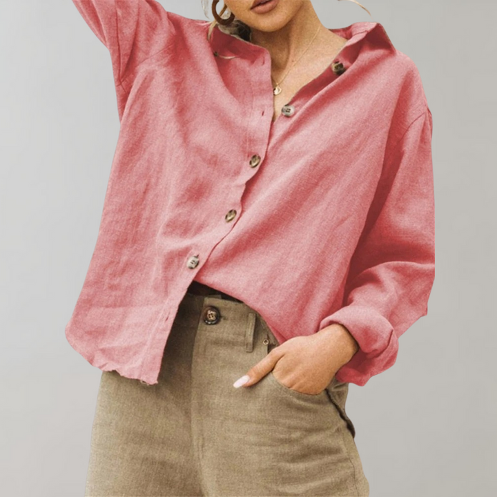 Oversized women's vintage style relaxed fit blouse with classic collar, perfect as a versatile fashion top.