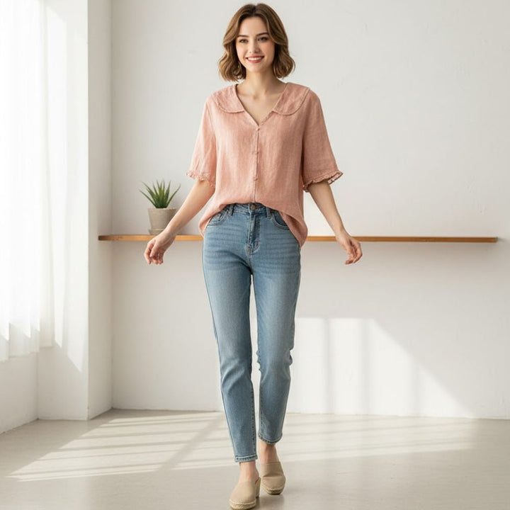 Women's vintage scalloped collar blouse, elegant long-sleeve button-down top for office wear & casual chic style.