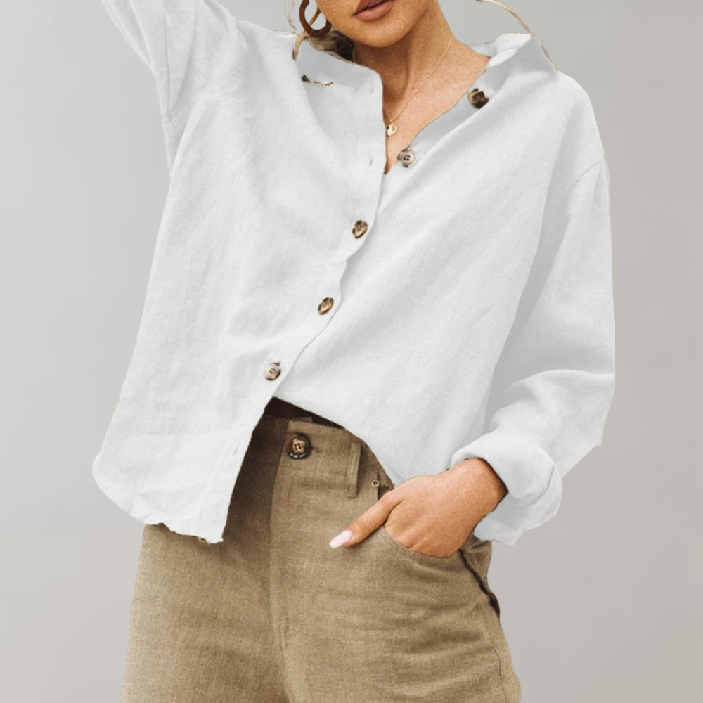 Timeless women's vintage style blouse, long sleeve. Versatile classic top with relaxed fit for elegant modest fashion.