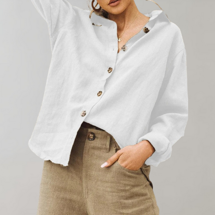 Timeless women's vintage style blouse, long sleeve. Versatile classic top with relaxed fit for elegant modest fashion.