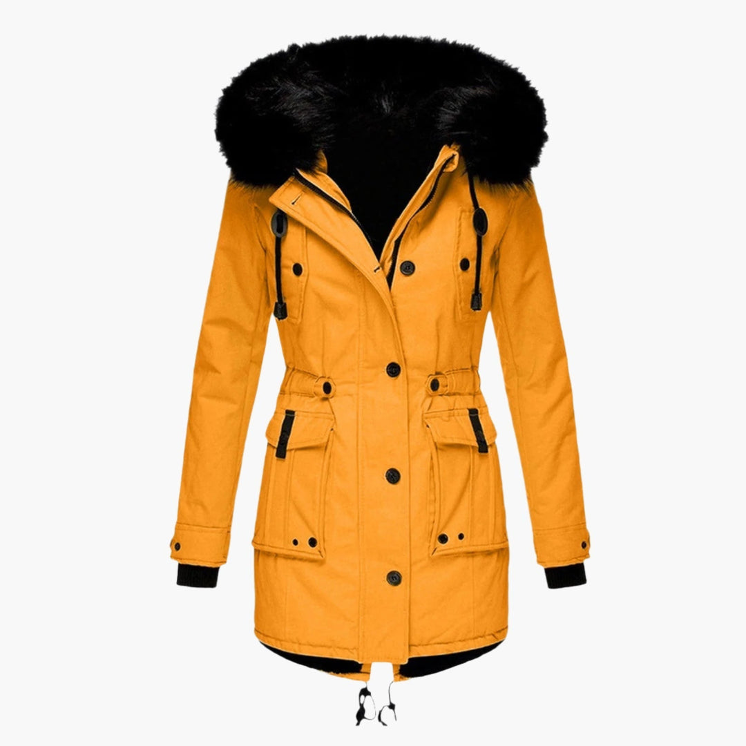 Women's warm black hooded puffer winter coat with faux fur trim, front view, for cold weather.