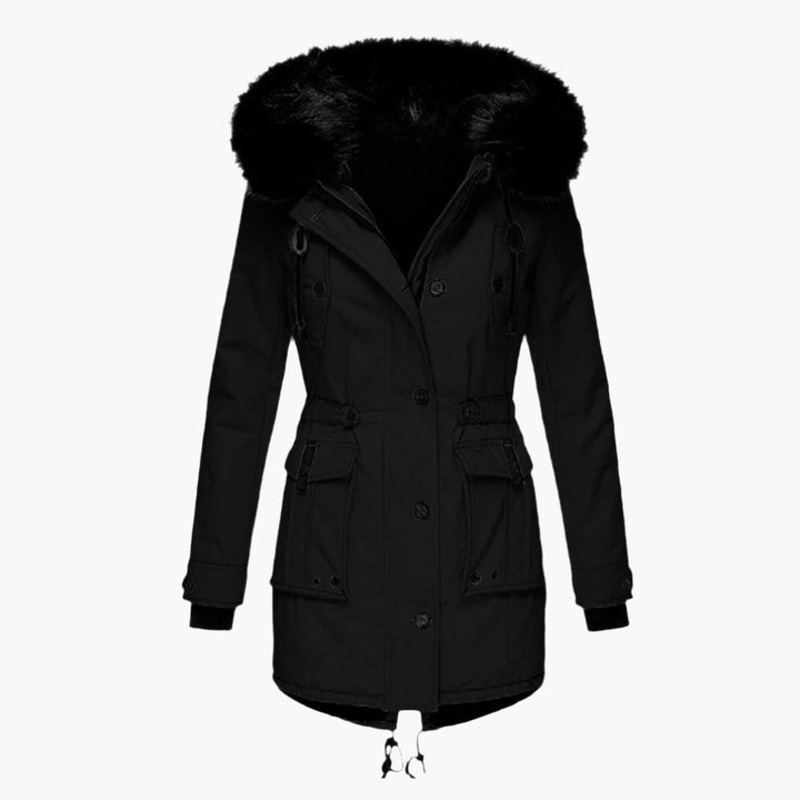 Close-up of the faux fur-lined hood on a women's warm black puffer winter coat, casual outerwear.