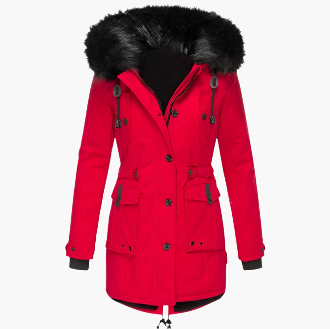 Detail of the zipper and pockets on a women's black warm hooded puffer winter coat, functional outerwear.