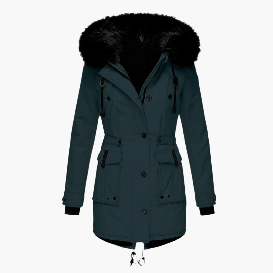 Flat lay of a disassembled black women's warm hooded puffer winter coat, showcasing material.