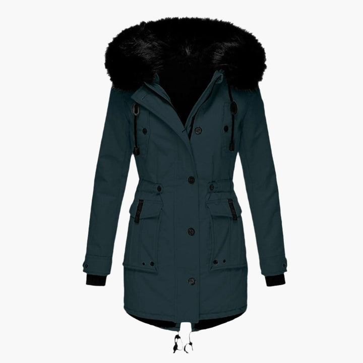 Flat lay of a disassembled black women's warm hooded puffer winter coat, showcasing material.