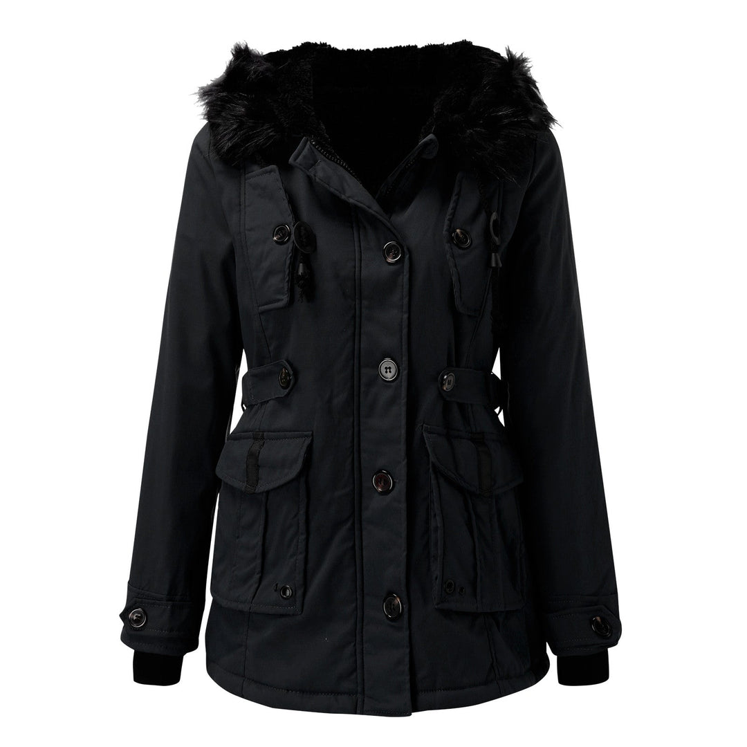 Stylish woman walking in a black warm hooded puffer winter coat, perfect for casual winter fashion.