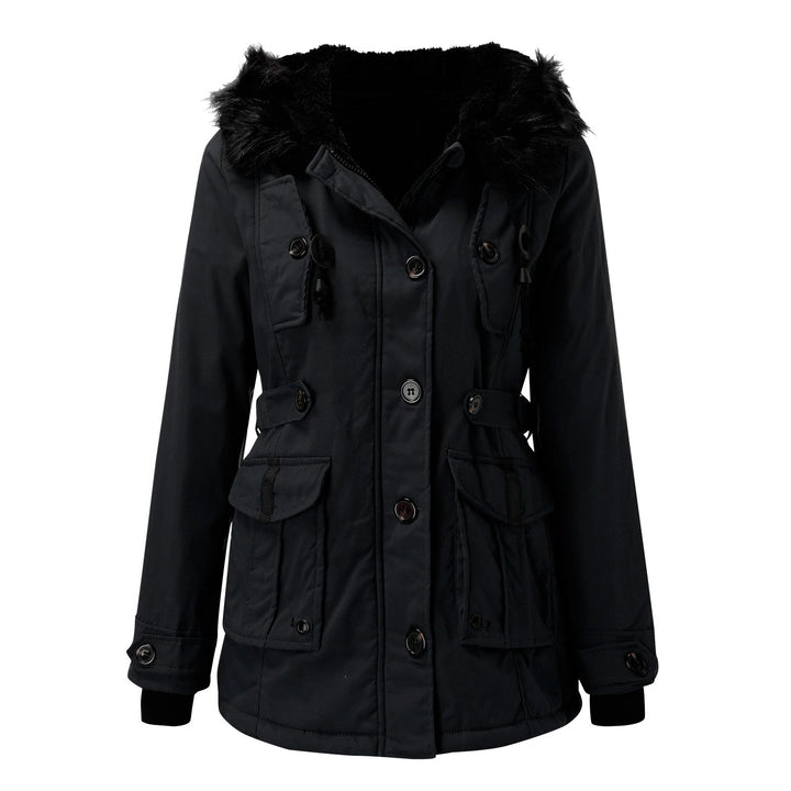 Stylish woman walking in a black warm hooded puffer winter coat, perfect for casual winter fashion.
