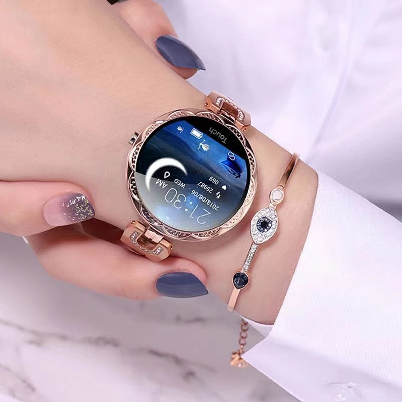 Digital display of a women's fitness smartwatch showing heart rate & activity stats. Waterproof health monitor.