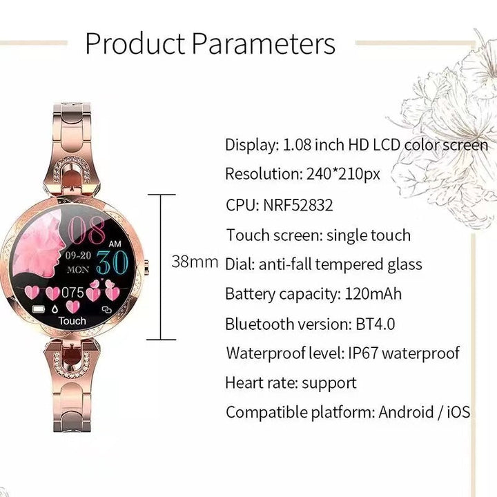 Woman wearing a waterproof fitness smartwatch on wrist during workout. Activity tracker & pulse monitor for women.