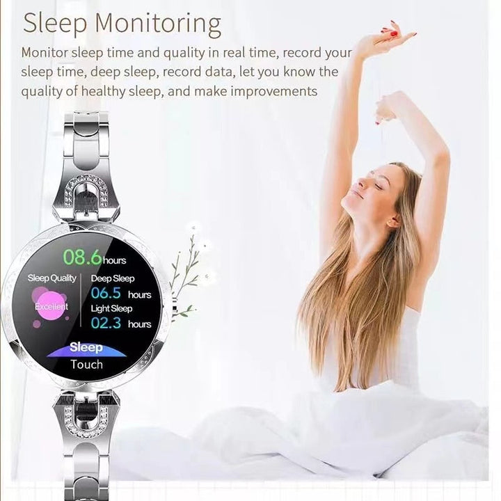 Side view of women's fitness smartwatch, black silicone strap, waterproof design. Wearable tech for active women.