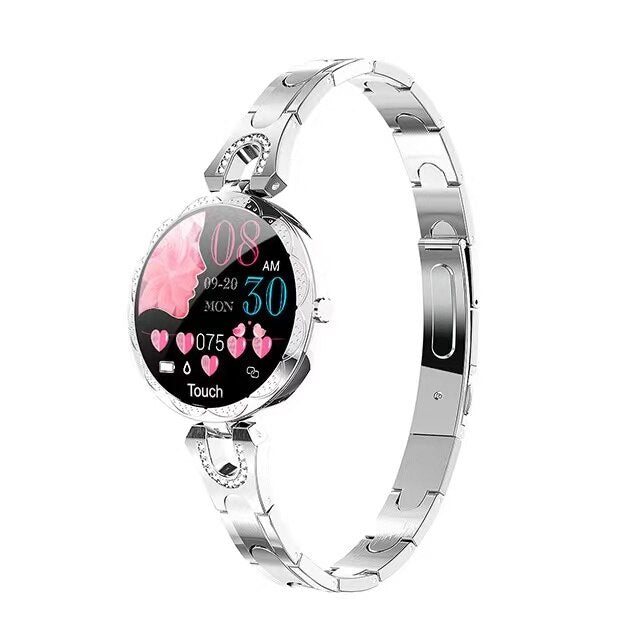 Women's waterproof smartwatch showing detailed pulse monitoring data. Advanced fitness tracker & wearable tech.