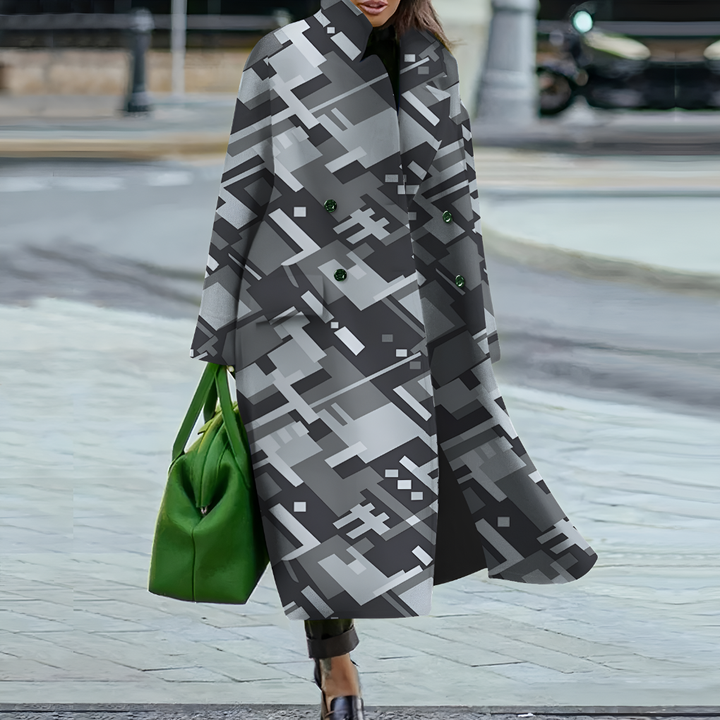 Fashionable women's long waterproof coat with button-front, essential seasonal outerwear.
