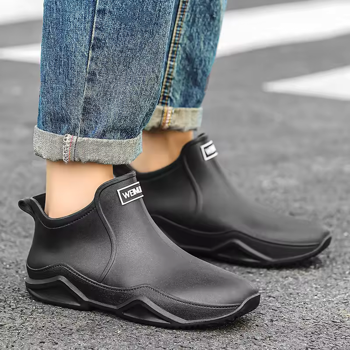 Khaki women's waterproof slip-on ankle rain boots, durable and stylish for rainy days.