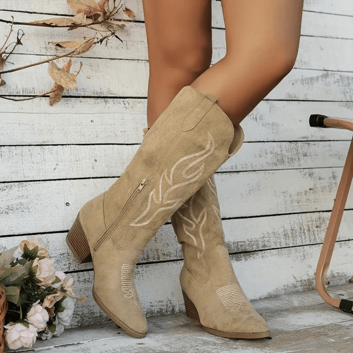 Stylish women's cowboy boots featuring a side zipper for easy wear, great for casual fall fashion.
