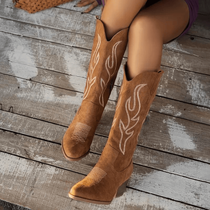 Classic women's Western boots with a pointed toe, block heel, and side zipper for comfort & style.