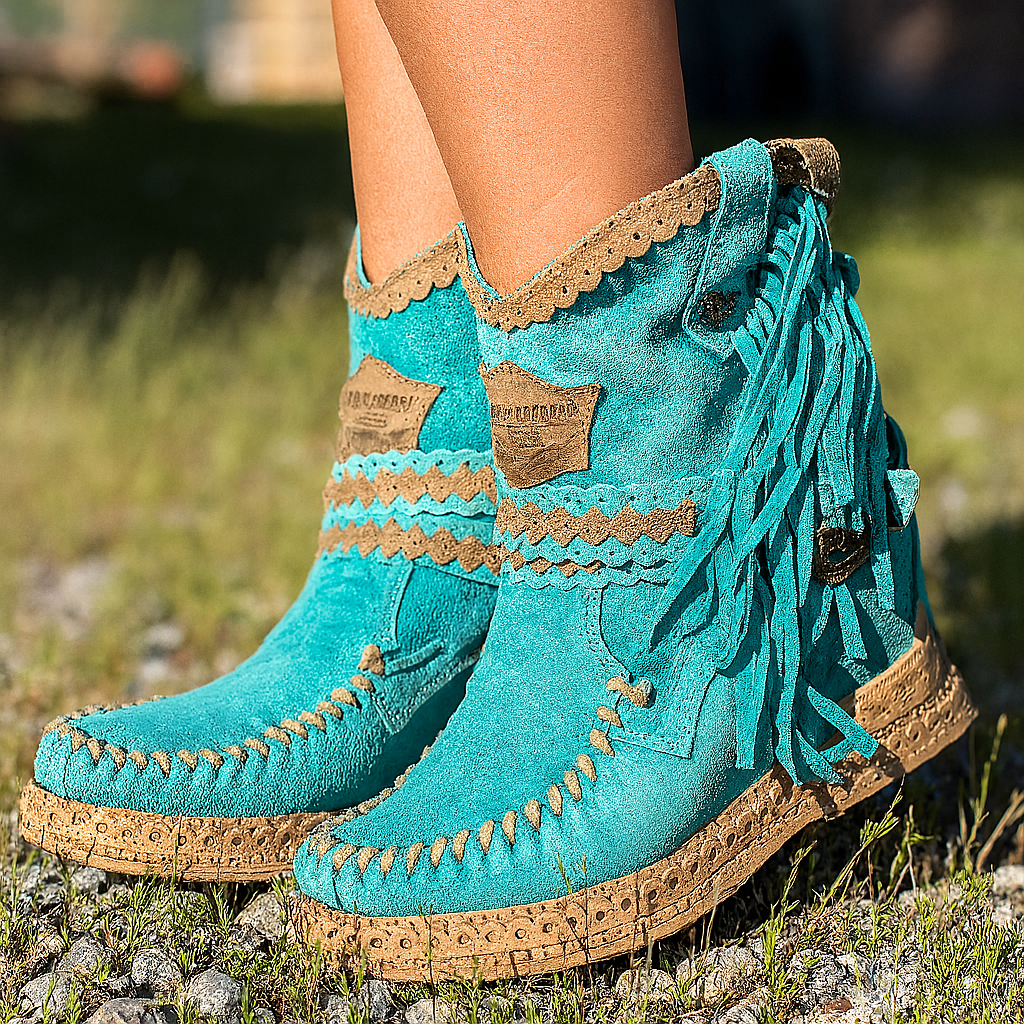 Women's Western fringe ankle boots in brown suede, perfect for a boho-chic casual look.