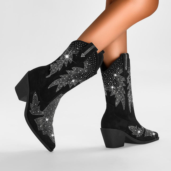 Stylish Women's Western Rhinestone Boots, full view, unique design, cowboy boots, glitter boots