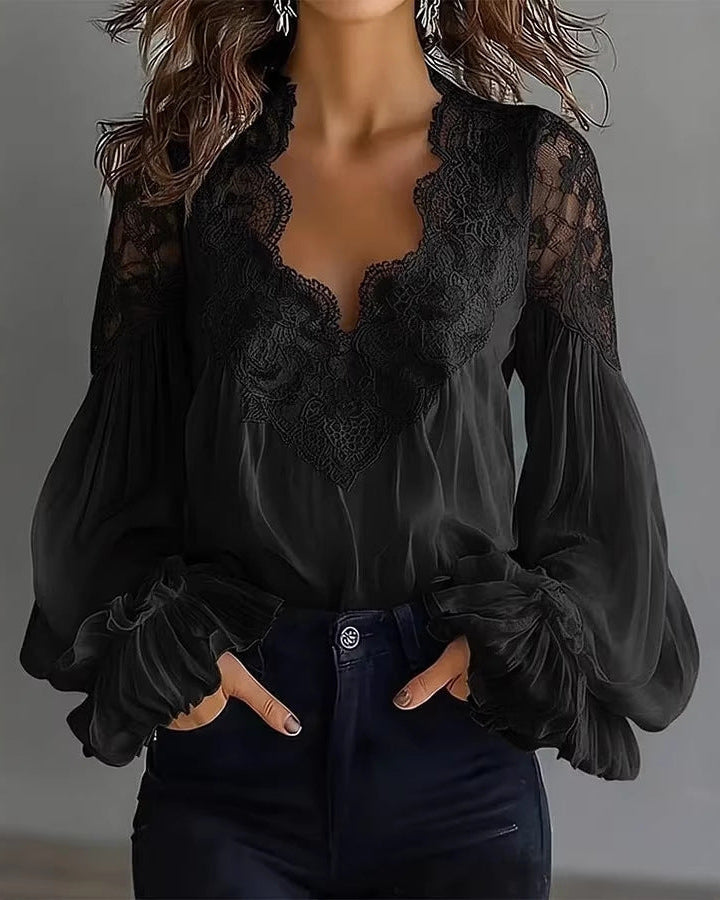 Stylish women's V-neck lace blouse with fashionable puffed ruffle sleeves, a chic choice for any occasion.