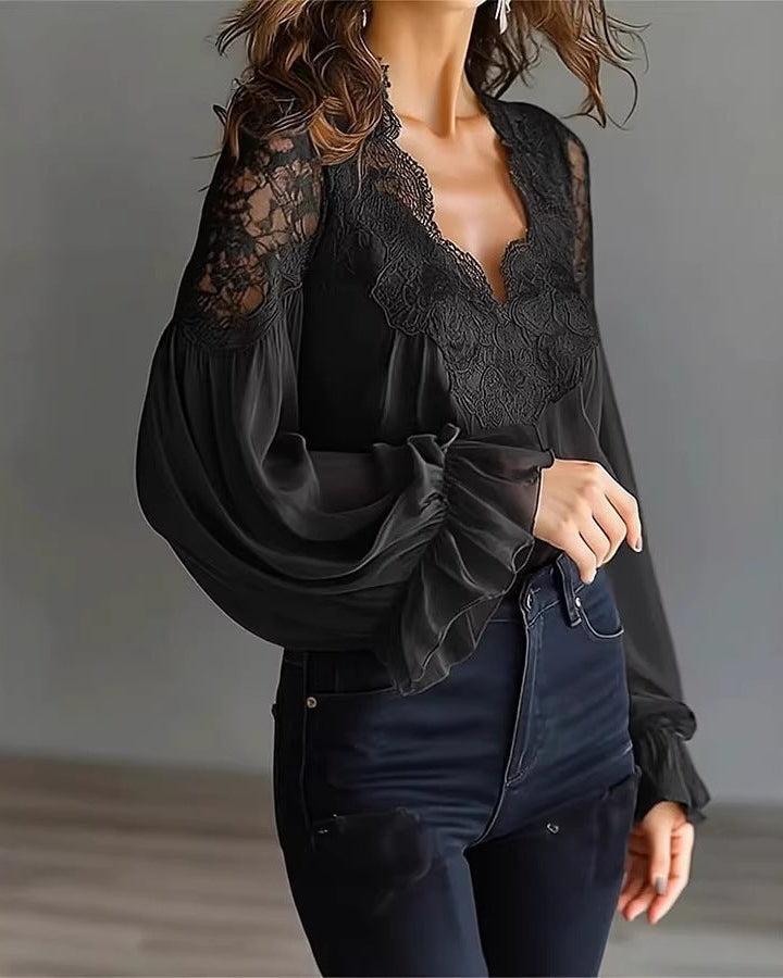 Sophisticated women's lace V-neck blouse, featuring trendy puffed ruffle sleeves for an elegant look.