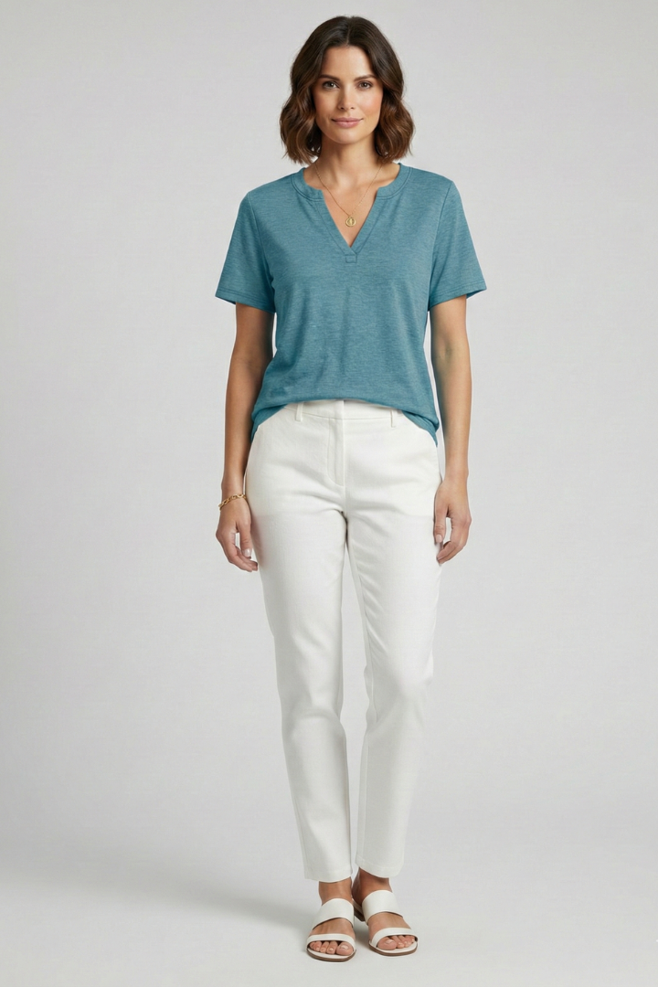 Stylish blue women's short sleeve V-neck t-shirt, versatile & relaxed.
