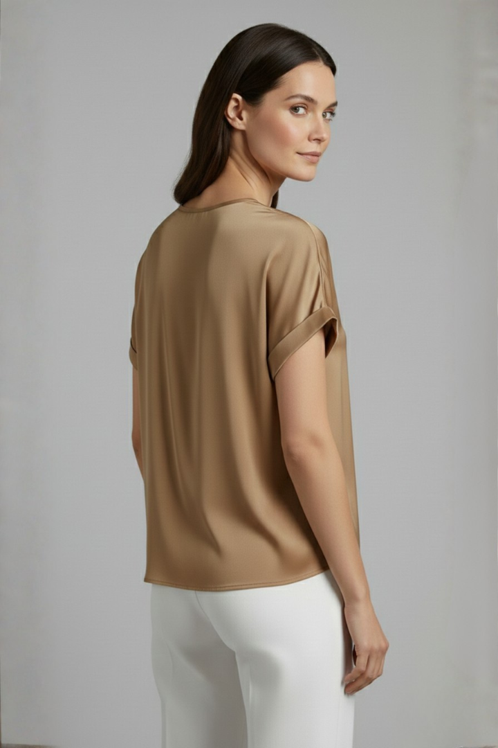 Grey loose fit V-neck tee, women's comfortable casual wear top.