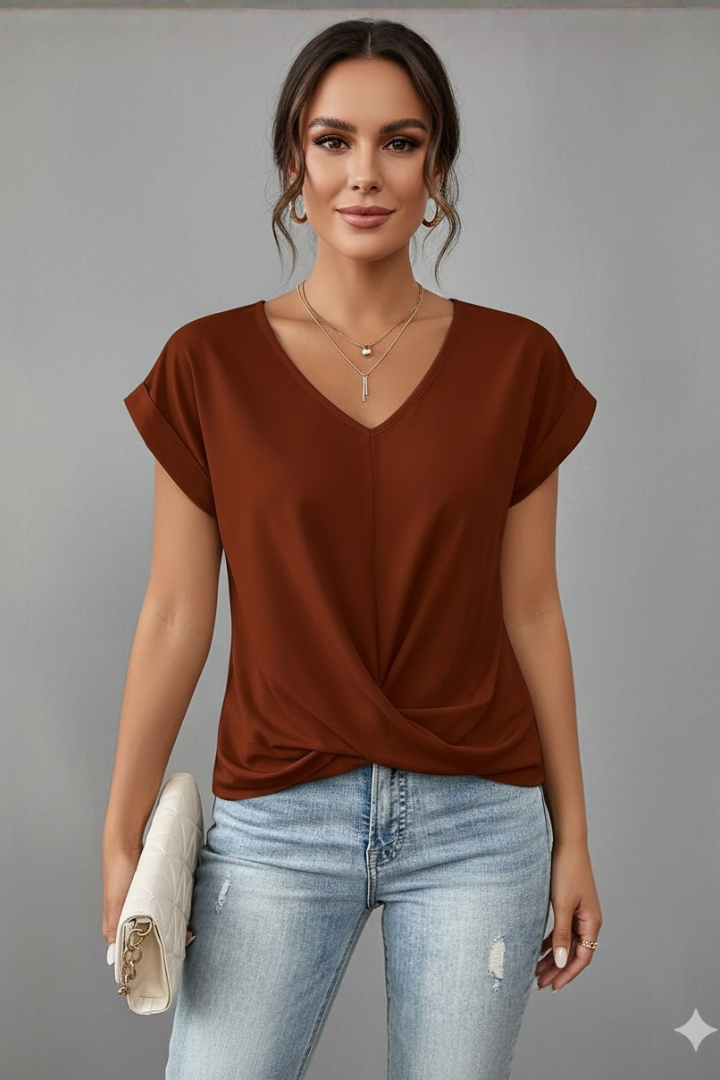 Casual women's short sleeve V-neck tee in black. Relaxed fit for summer comfort.