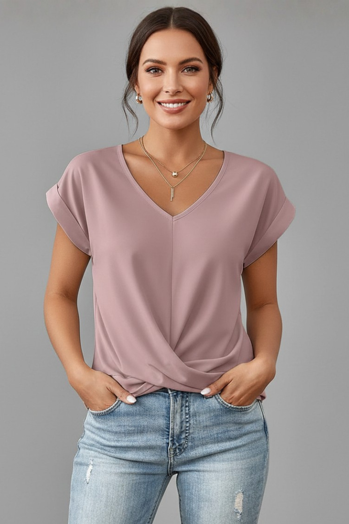 Stylish women's blue V-neck top, a loose fit casual short sleeve tee.