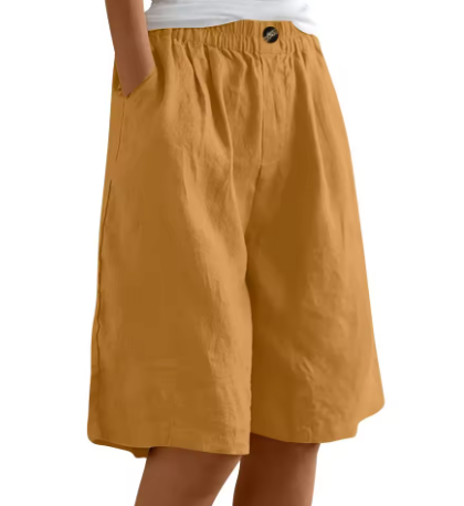 Women's knee-length wide leg Bermuda shorts with pockets & elastic waist, a summer comfort staple.