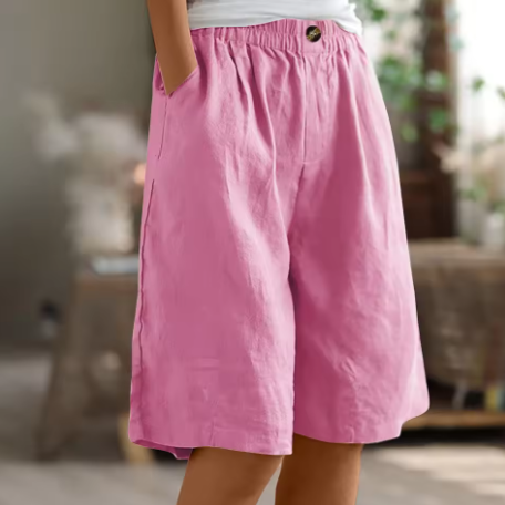 Breathable wide leg Bermuda shorts for women, a summer essential with functional pockets & elastic waist.