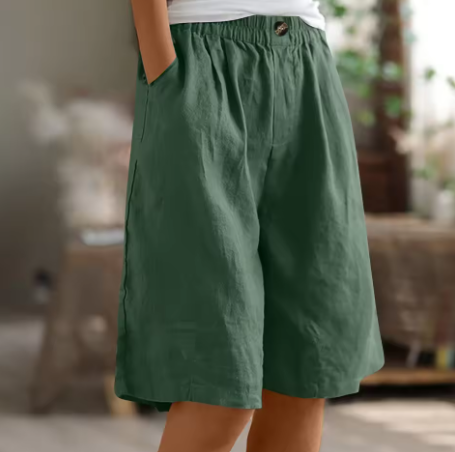 Back view: Women's wide leg Bermuda shorts showing comfortable fit & practical pockets, ideal for summer.