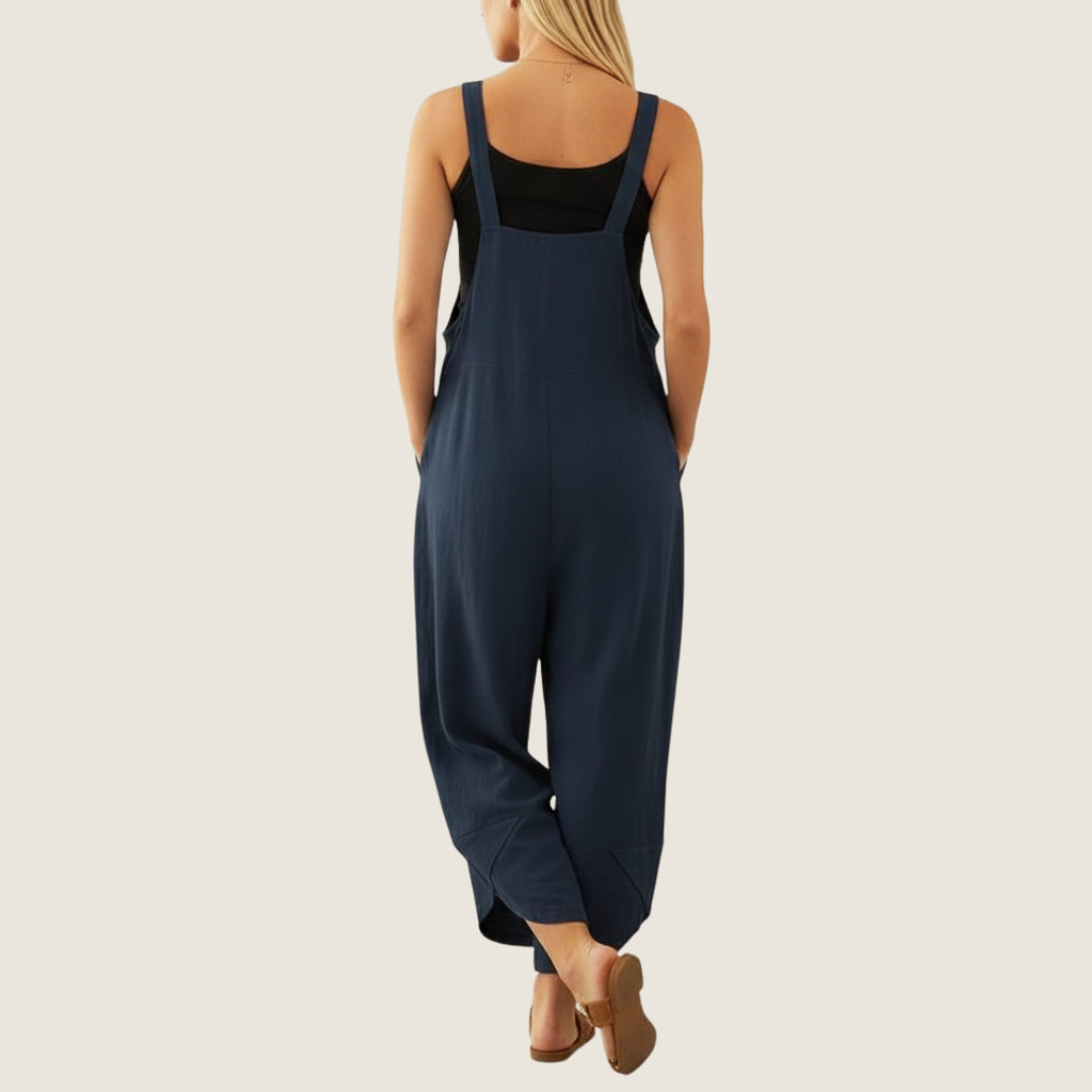 Stylish women's wide leg overalls, denim alternative, ideal for comfortable everyday wear.