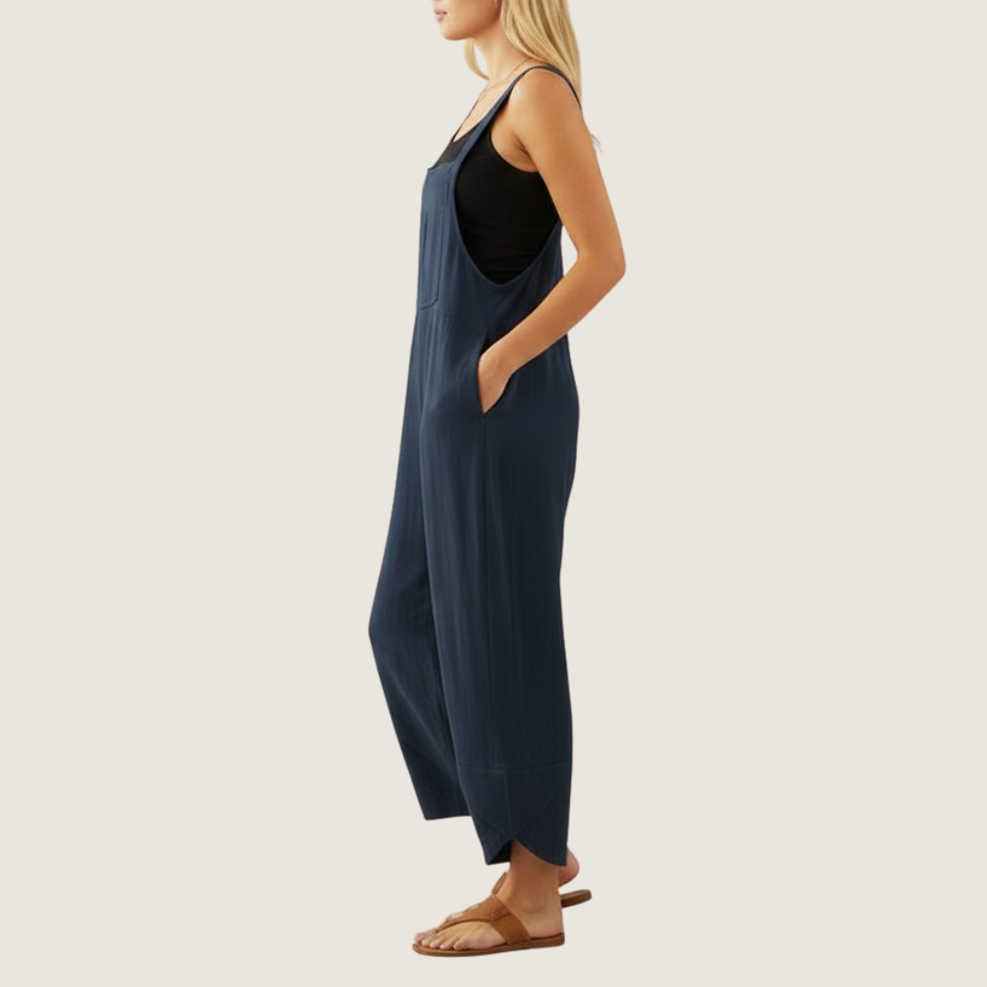 Comfortable women's casual wide leg jumpsuit, sleeveless design for warm weather.