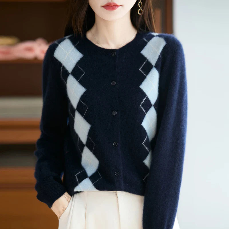 Chic women's wool knit cardigan, button front and sophisticated diamond stitching. Essential winter fashion.