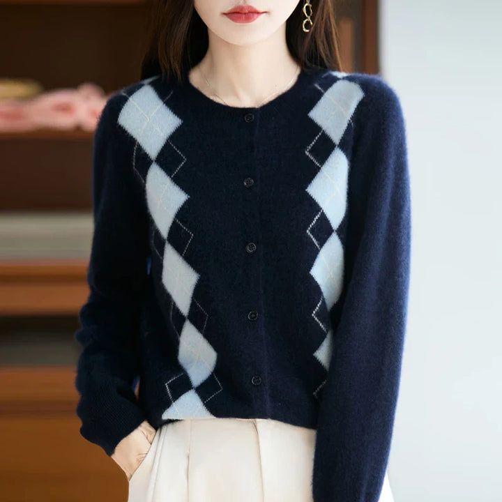 Chic women's wool knit cardigan, button front and sophisticated diamond stitching. Essential winter fashion.