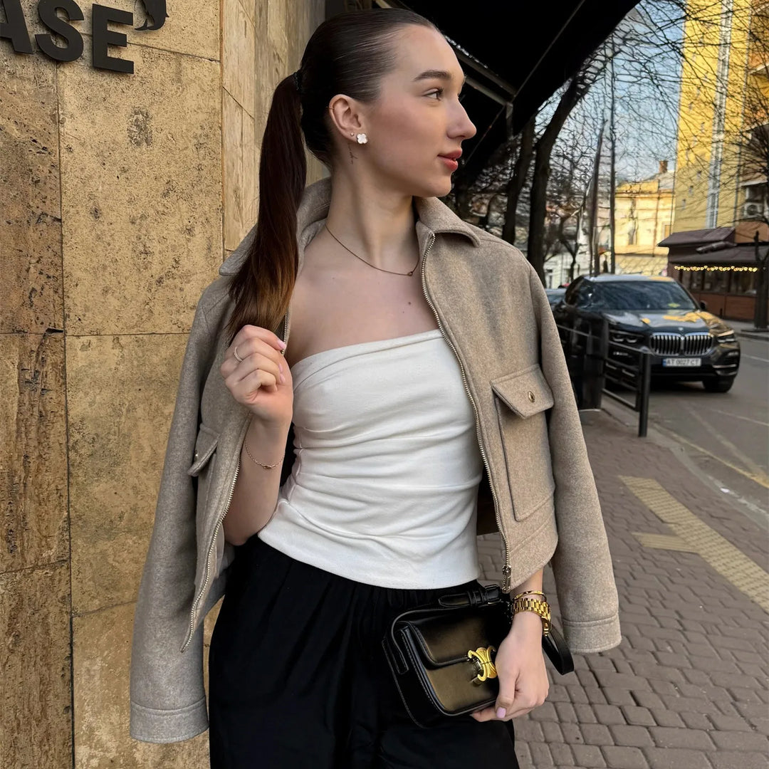 Women's wool zippered bomber jacket, cozy winter coat, casual outerwear for stylish warmth
