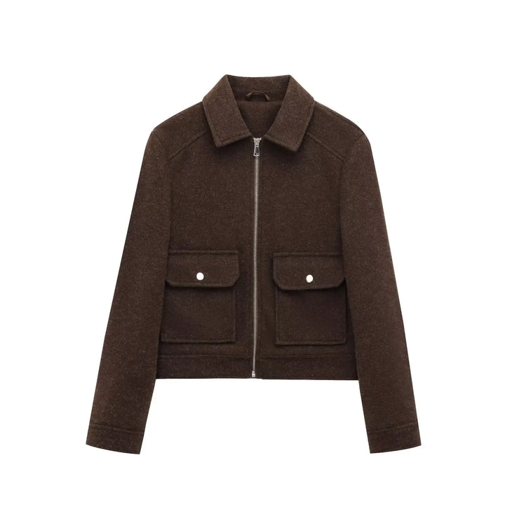 Stylish women's zippered bomber jacket in a neutral color, perfect for fall and winter