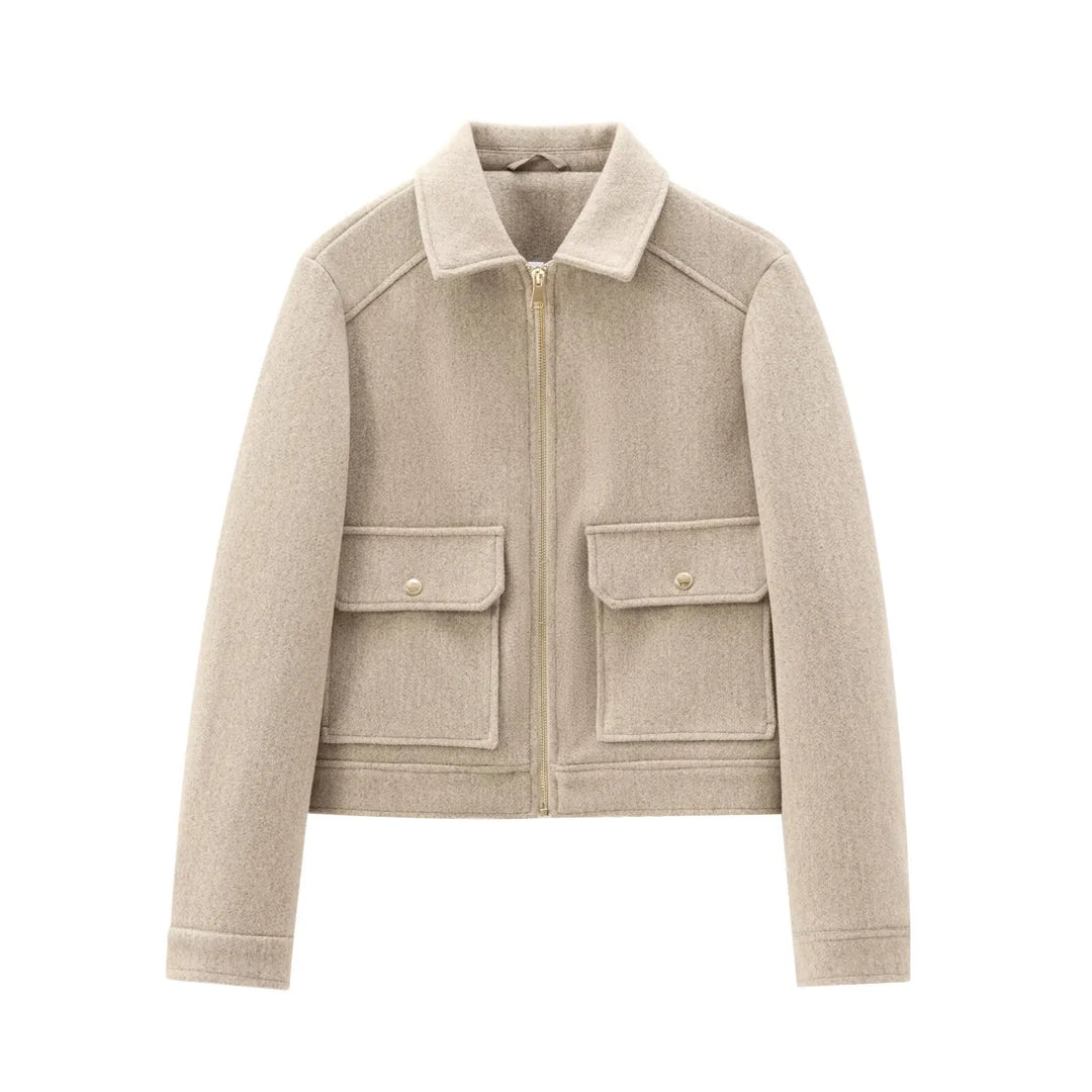 Model wearing a warm women's wool bomber jacket, ideal for casual and fashionable outfits