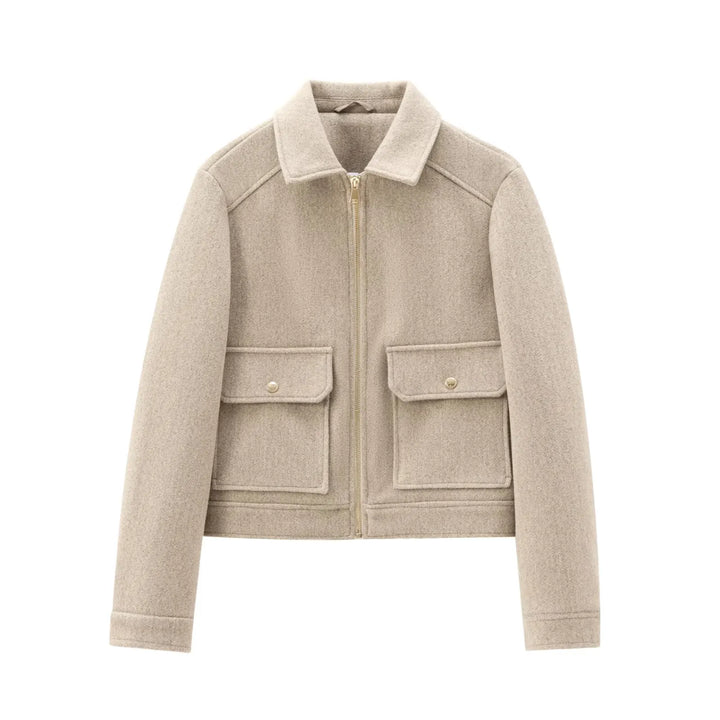 Model wearing a warm women's wool bomber jacket, ideal for casual and fashionable outfits