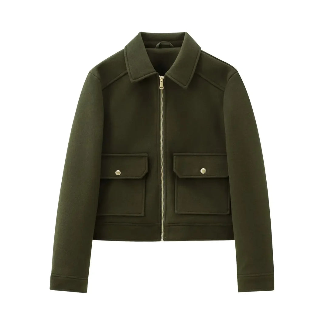 Women's insulated wool bomber jacket, providing comfort and style for cold weather