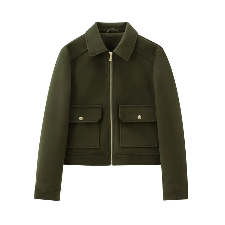Women's insulated wool bomber jacket, providing comfort and style for cold weather