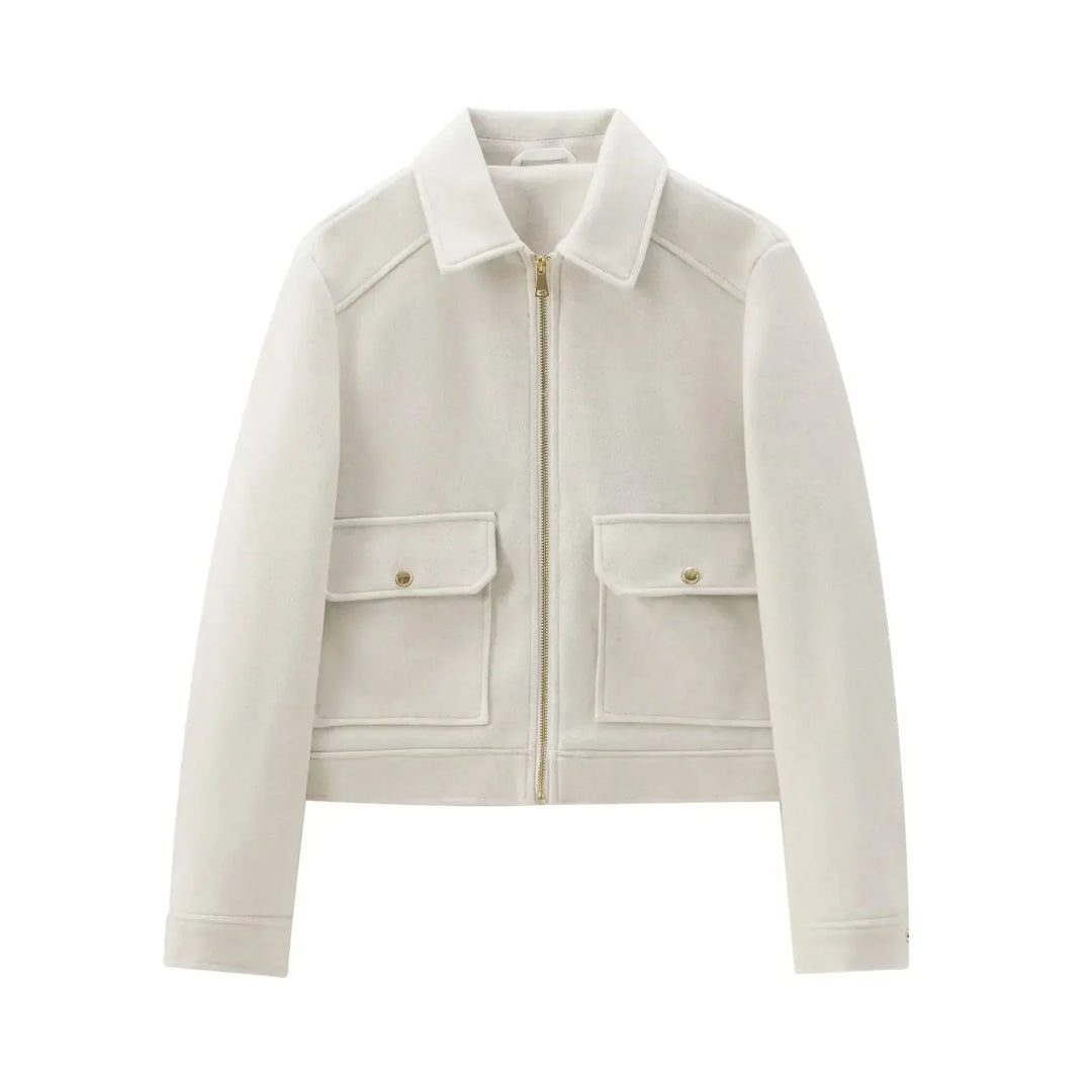Fashion-forward women's wool bomber jacket with ribbed cuffs and hem, a winter wardrobe essential